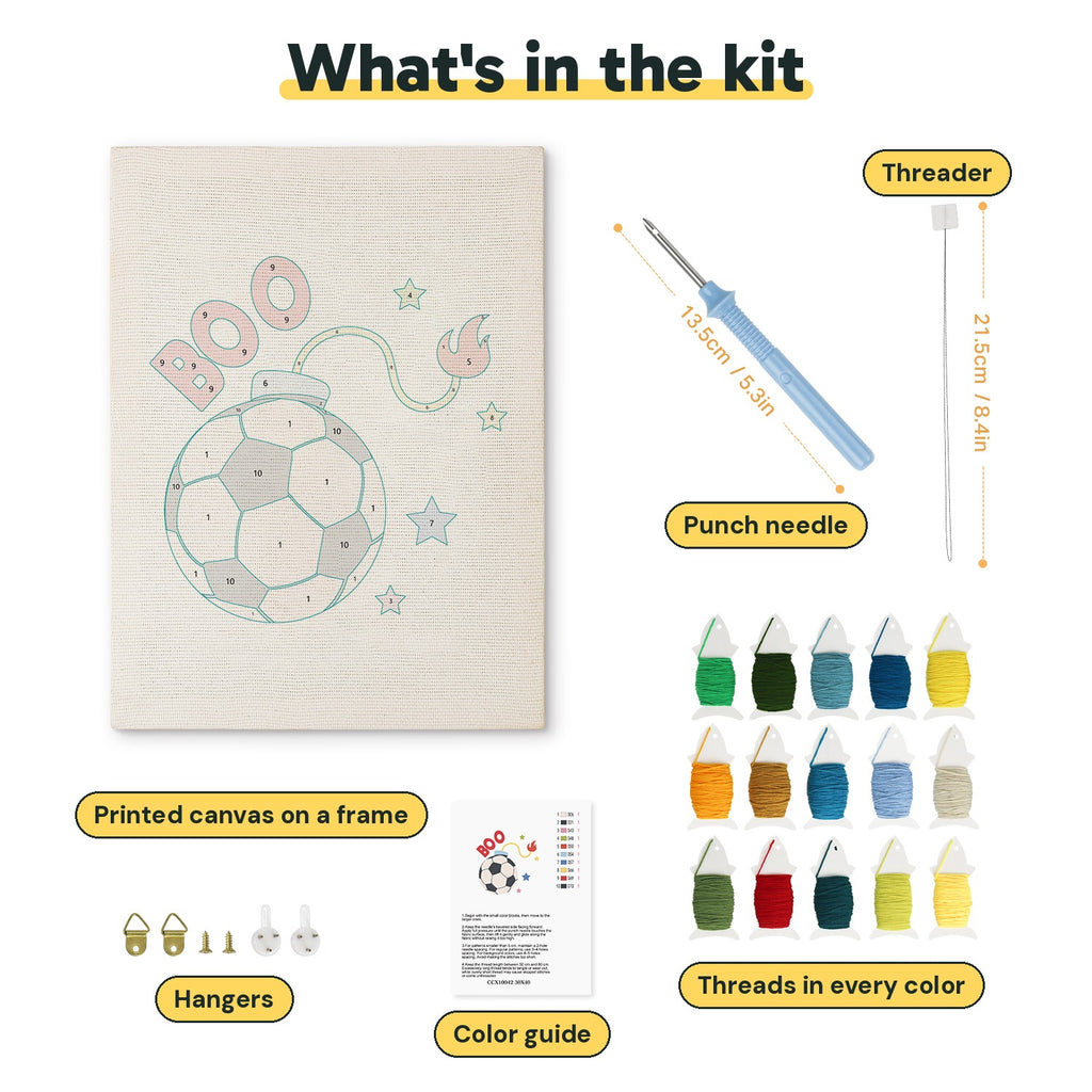 What is in the Soccer Ball Fuse kit: printed canvas, punch needle, threader, threads, color guide and hangers