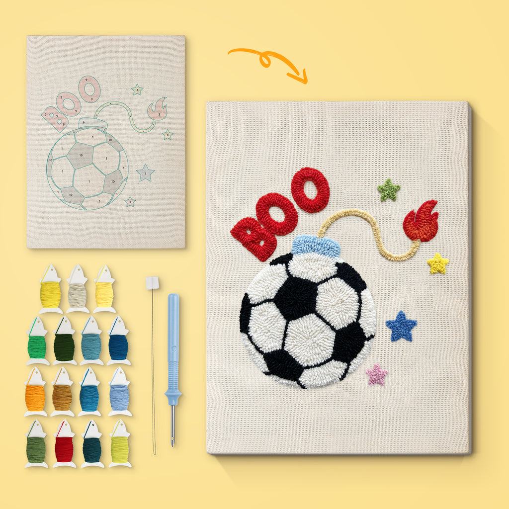 Soccer Ball Fuse canvas before and after punching, with the threads and tools