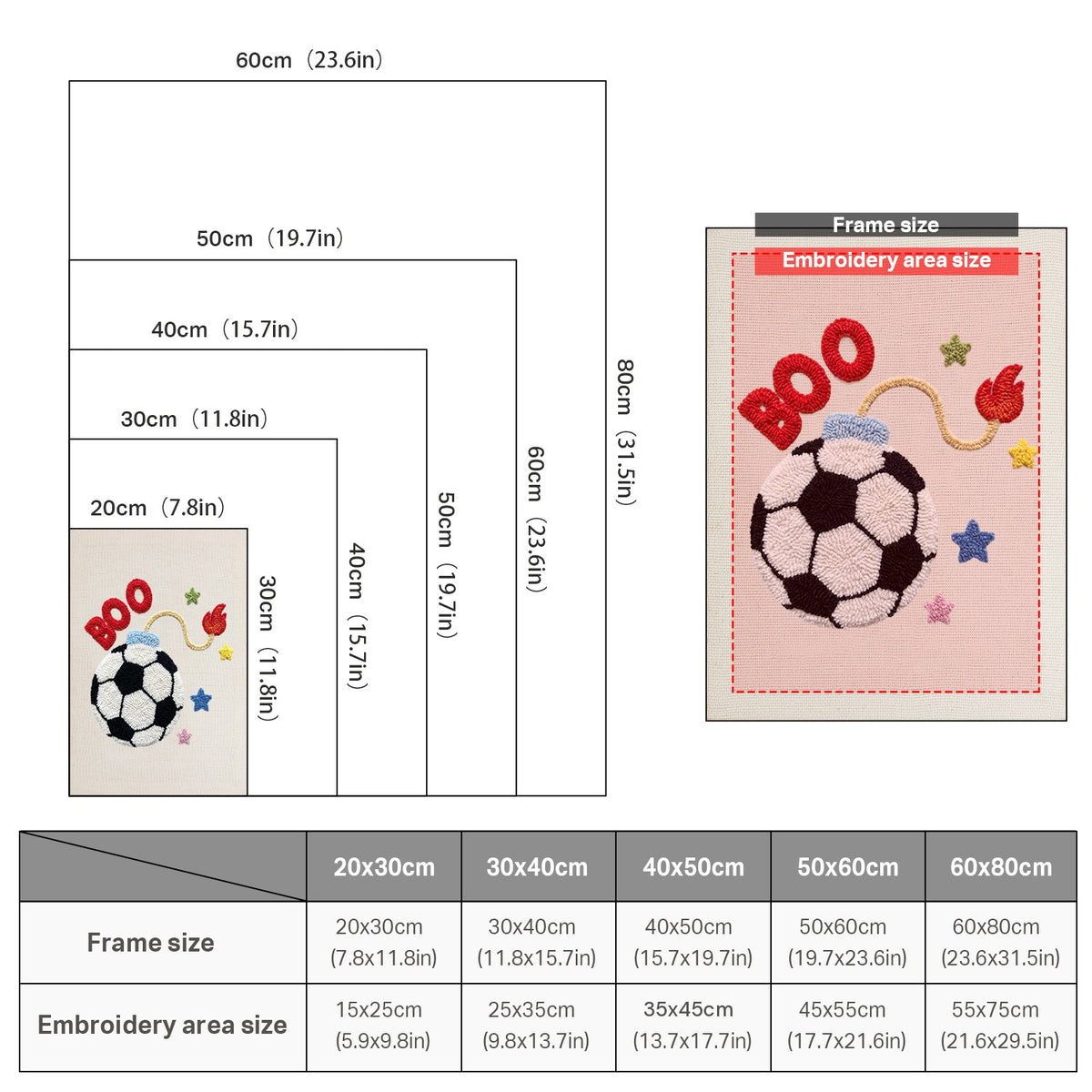 Size chart for punch needle kits from 20 x 30 cm to 60 x 80 cm