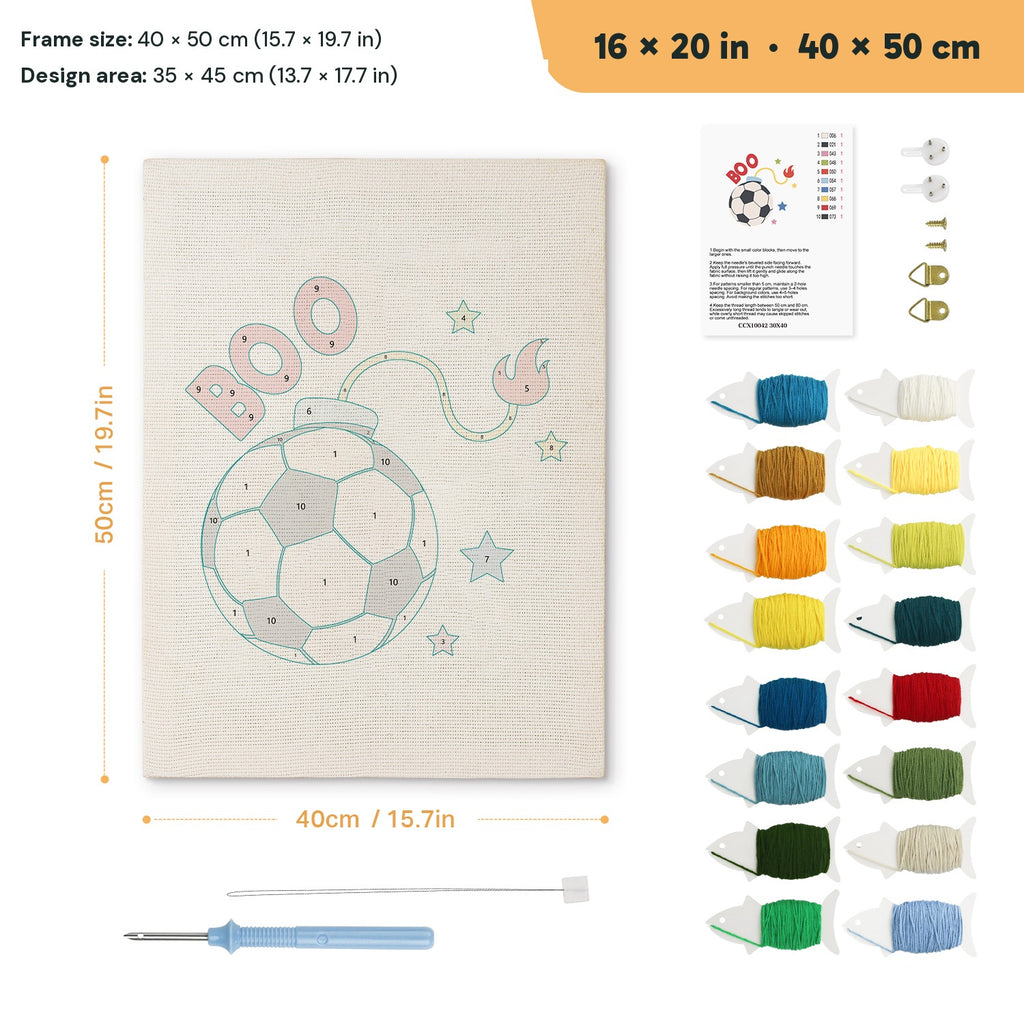 Soccer Ball Fuse punch needle kit, 16 × 20 in (40 × 50 cm): canvas size and kit contents
