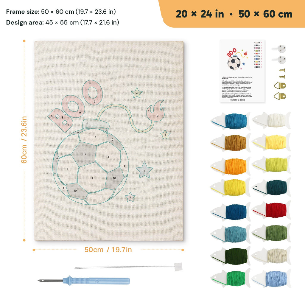 Soccer Ball Fuse punch needle kit, 20 × 24 in (50 × 60 cm): canvas size and kit contents