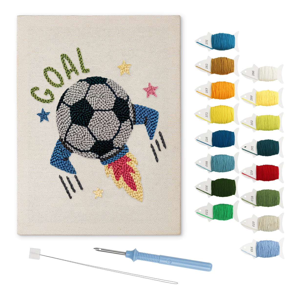 Soccer Ball Rocket punch needle kit: finished canvas with threads, punch needle and threader