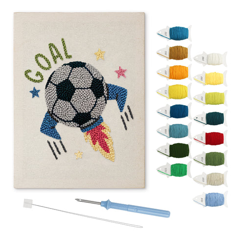 Soccer Ball Rocket punch needle kit: finished canvas with threads, punch needle and threader