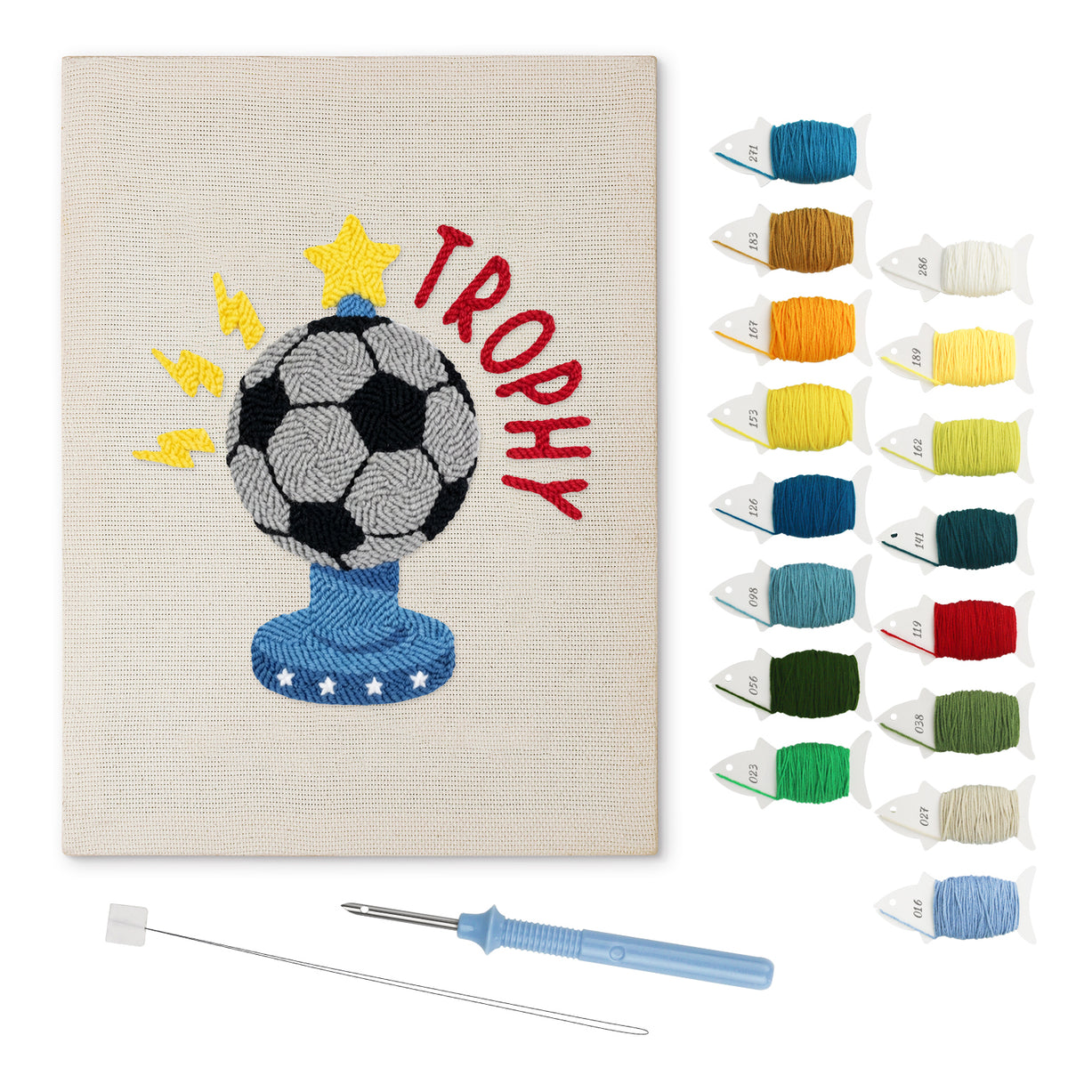Soccer Ball Trophy punch needle kit: finished canvas with threads, punch needle and threader