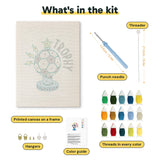 What is in the Soccer Ball Trophy kit: printed canvas, punch needle, threader, threads, color guide and hangers