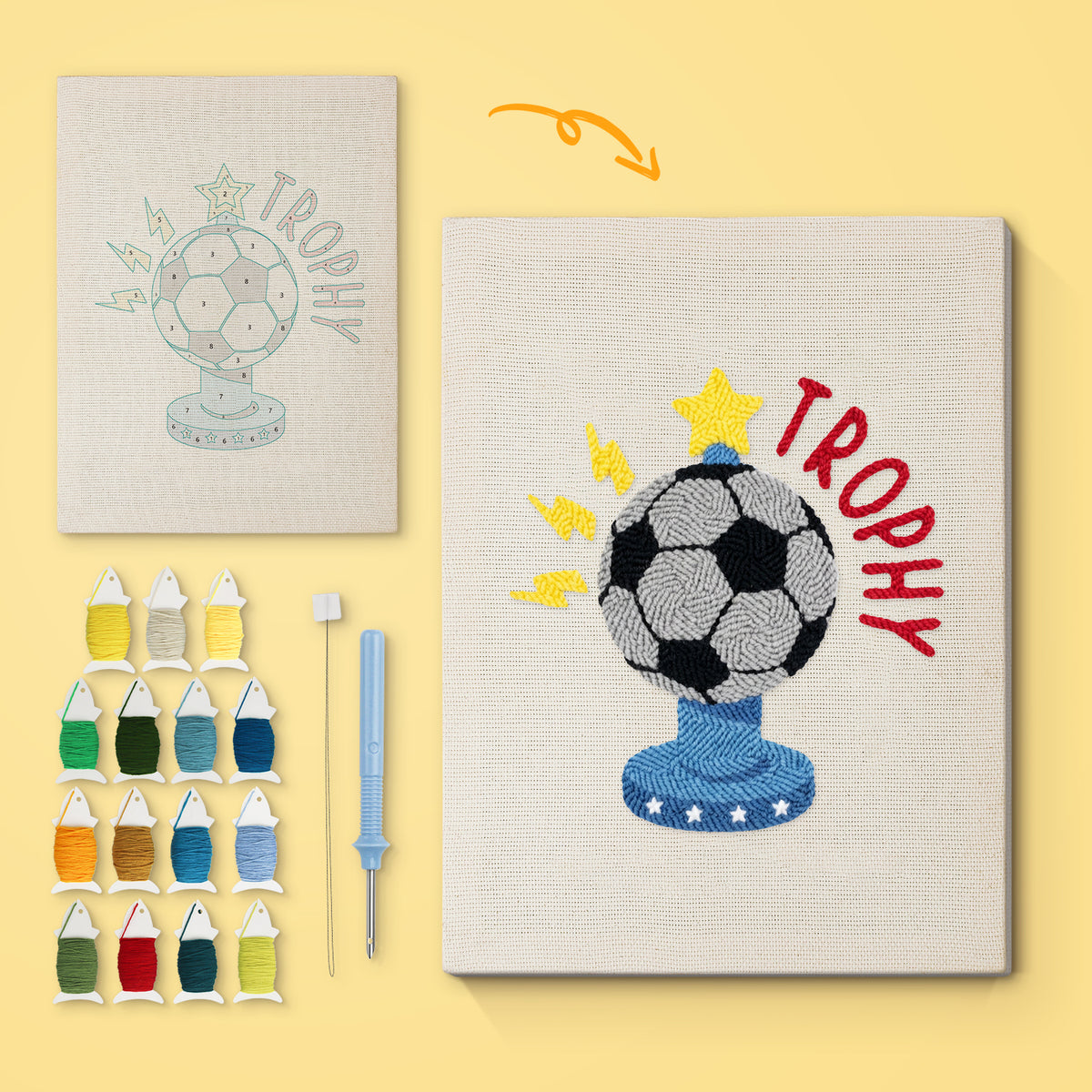 Soccer Ball Trophy canvas before and after punching, with the threads and tools