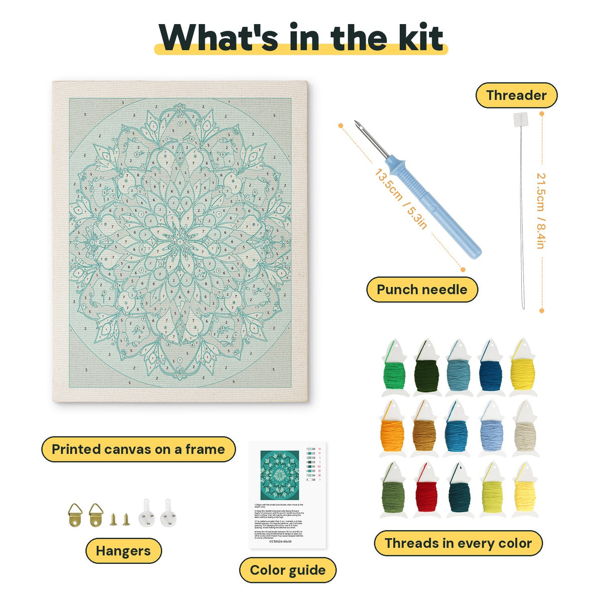 What is in the Soft Teal Mandala kit: printed canvas, punch needle, threader, threads, color guide and hangers