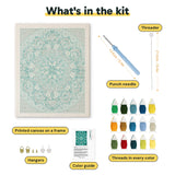 What is in the Soft Teal Mandala kit: printed canvas, punch needle, threader, threads, color guide and hangers