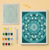 Soft Teal Mandala canvas before and after punching, with the threads and tools