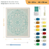 Soft Teal Mandala punch needle kit, 16 × 20 in (40 × 50 cm): canvas size and kit contents