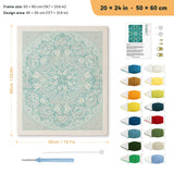 Soft Teal Mandala punch needle kit, 20 × 24 in (50 × 60 cm): canvas size and kit contents