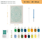 Soft Teal Mandala punch needle kit, 8 × 12 in (20 × 30 cm): canvas size and kit contents