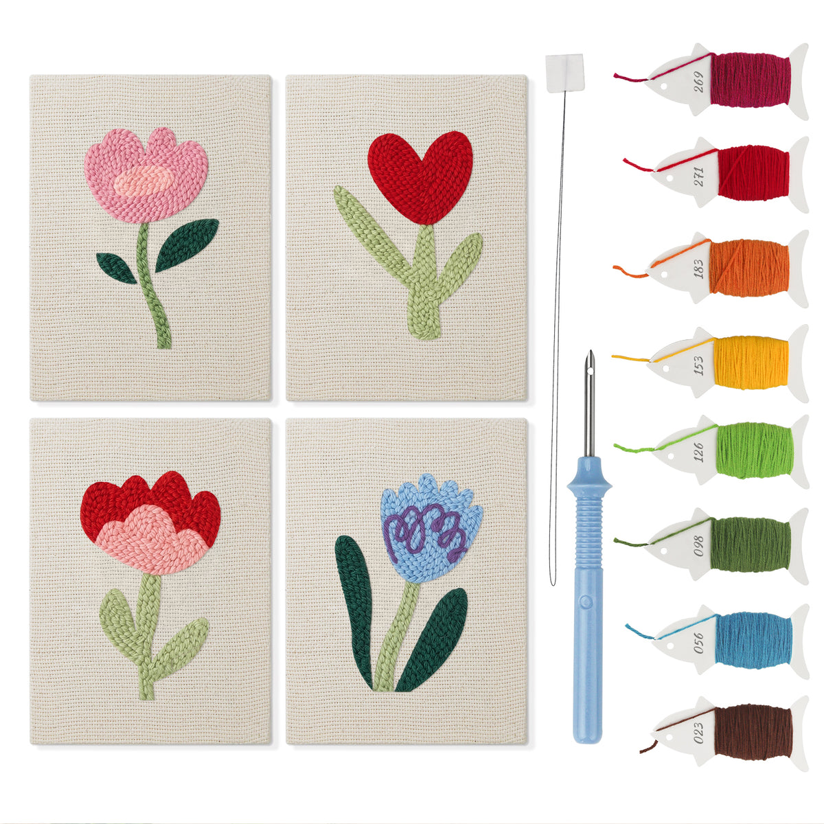 Soft Tulip Stems mini punch needle kit set: four finished canvases with threads, punch needle and threader