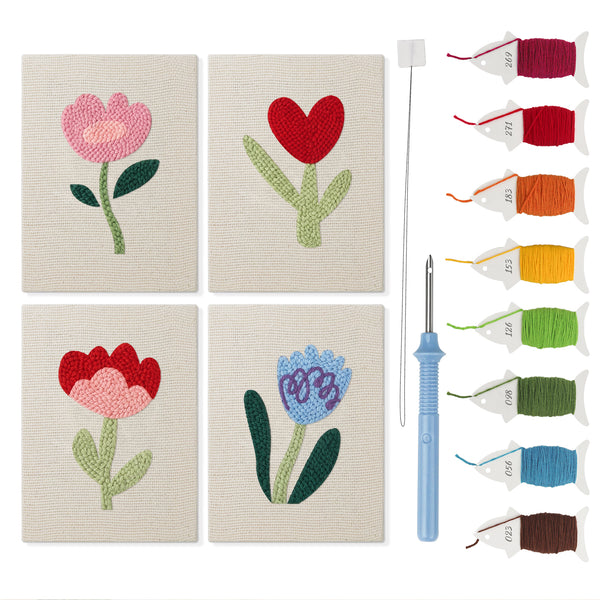 Soft Tulip Stems mini punch needle kit set: four finished canvases with threads, punch needle and threader