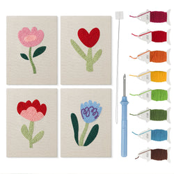 Soft Tulip Stems mini punch needle kit set: four finished canvases with threads, punch needle and threader