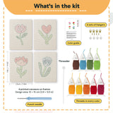 What is in the Soft Tulip Stems set: 4 printed canvases, punch needle, threader, threads, color guide and 4 sets of hangers (6 × 8 in (15 × 20 cm) each)