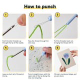 Six steps showing how to thread and use the punch needle