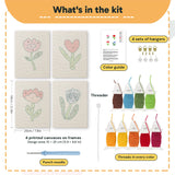 What is in the Soft Tulip Stems set, 8 × 12 in (20 × 30 cm) each: 4 printed canvases, punch needle, threader, threads, color guide and 4 sets of hangers
