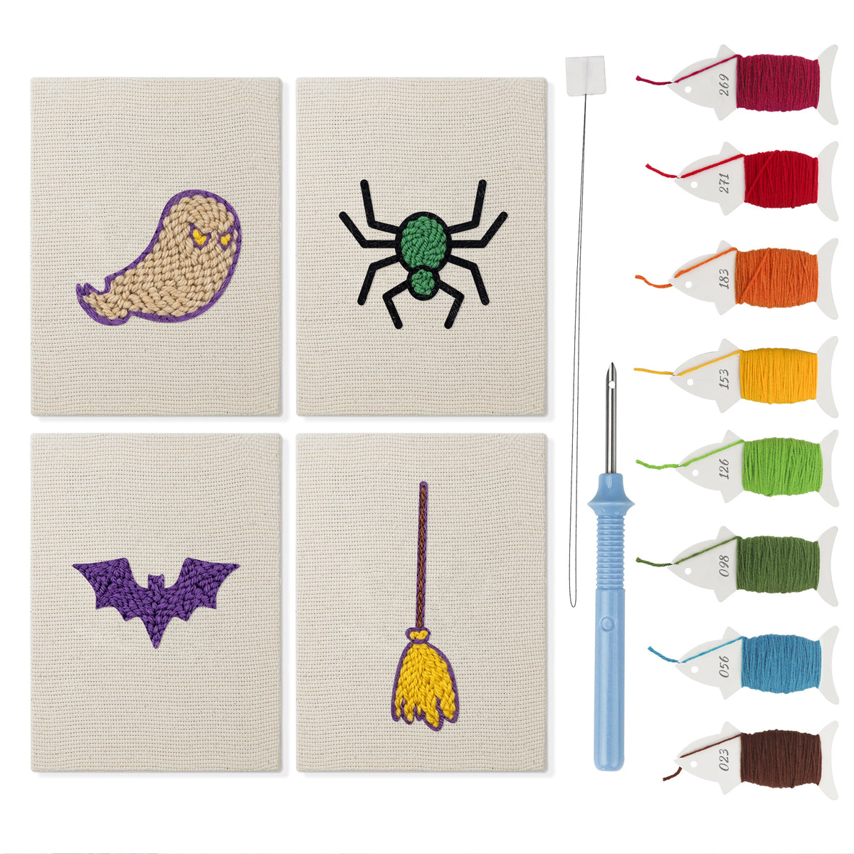 Spider and Broom mini punch needle kit set: four finished canvases with threads, punch needle and threader