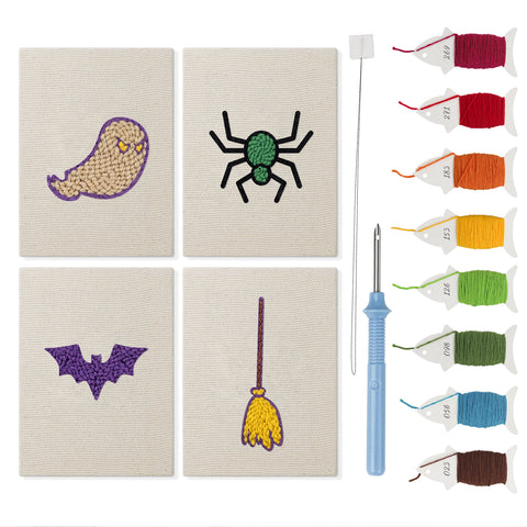 Spider and Broom mini punch needle kit set: four finished canvases with threads, punch needle and threader