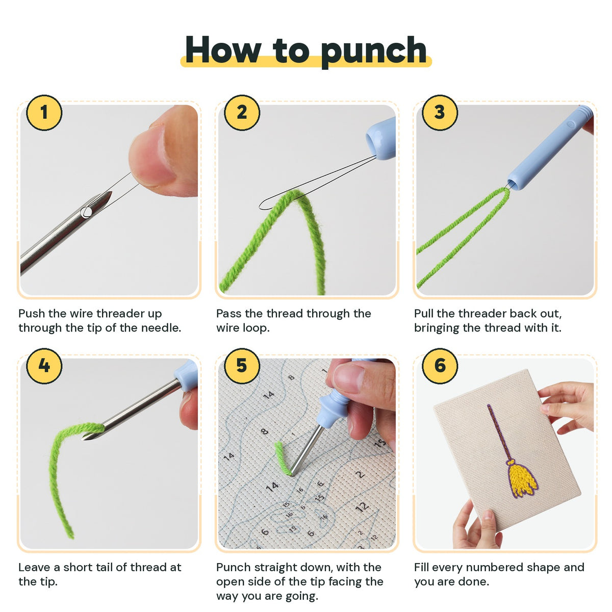 Six steps showing how to thread and use the punch needle