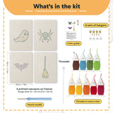 What is in the Spider and Broom set, 8 × 12 in (20 × 30 cm) each: 4 printed canvases, punch needle, threader, threads, color guide and 4 sets of hangers