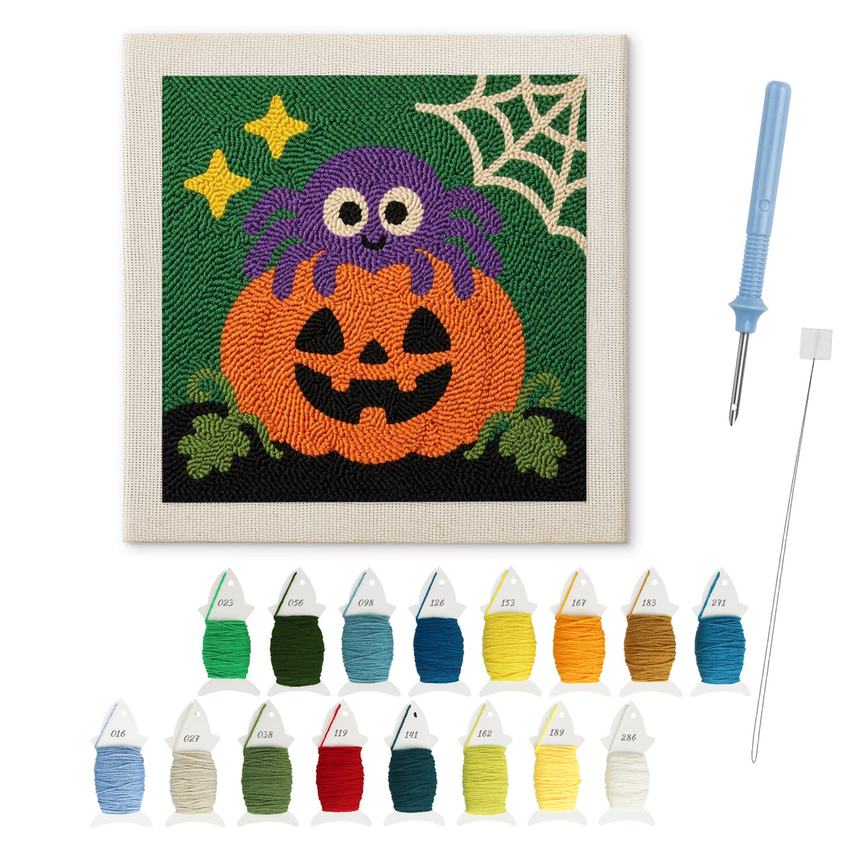 Spider on a Pumpkin punch needle kit: finished canvas with threads, punch needle and threader