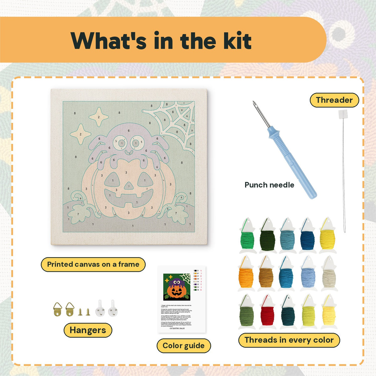 What is in the Spider on a Pumpkin kit: printed canvas, punch needle, threader, threads, color guide and hangers