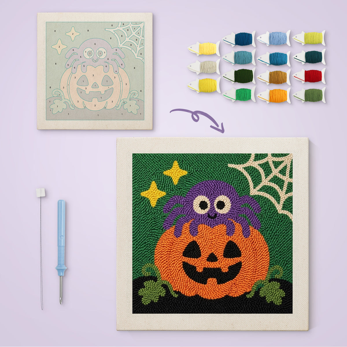 Spider on a Pumpkin canvas before and after punching, with the threads and tools