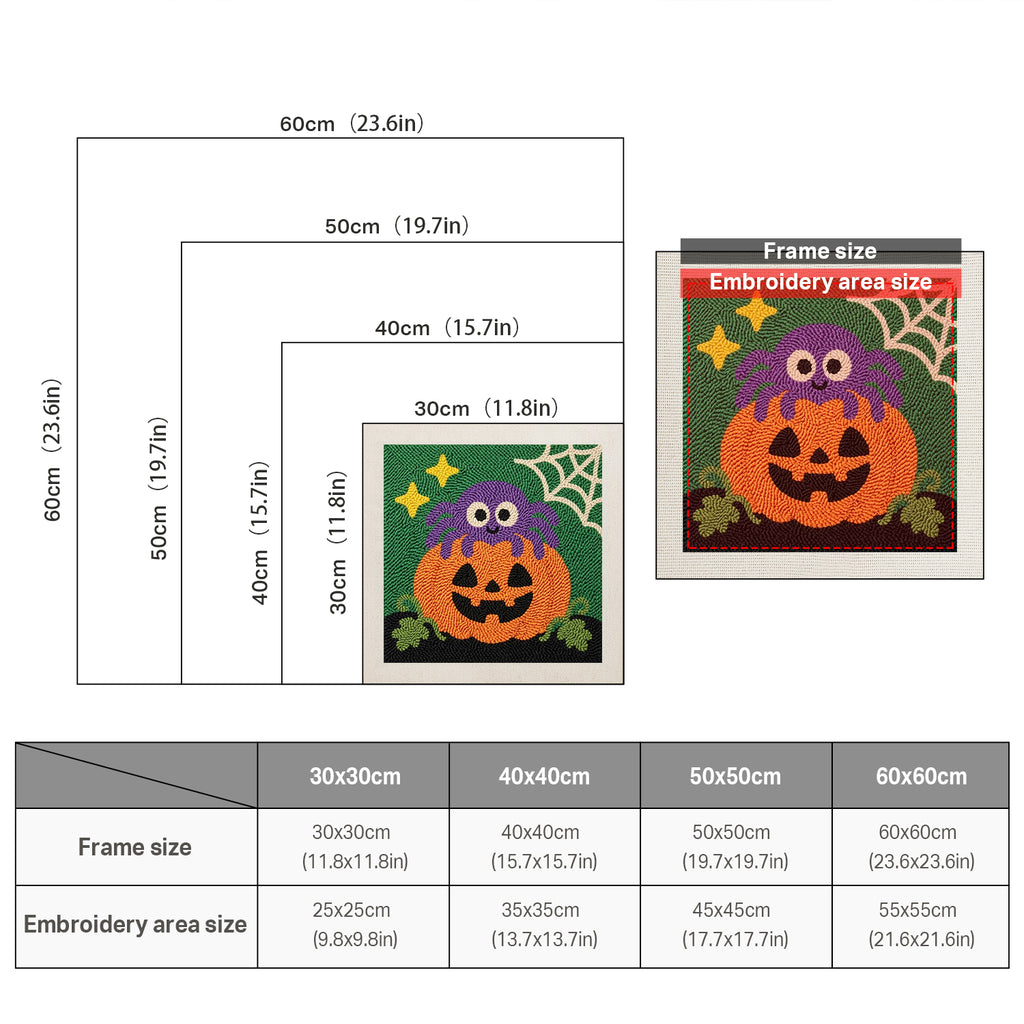 Size chart for square punch needle kits from 30 x 30 cm to 60 x 60 cm