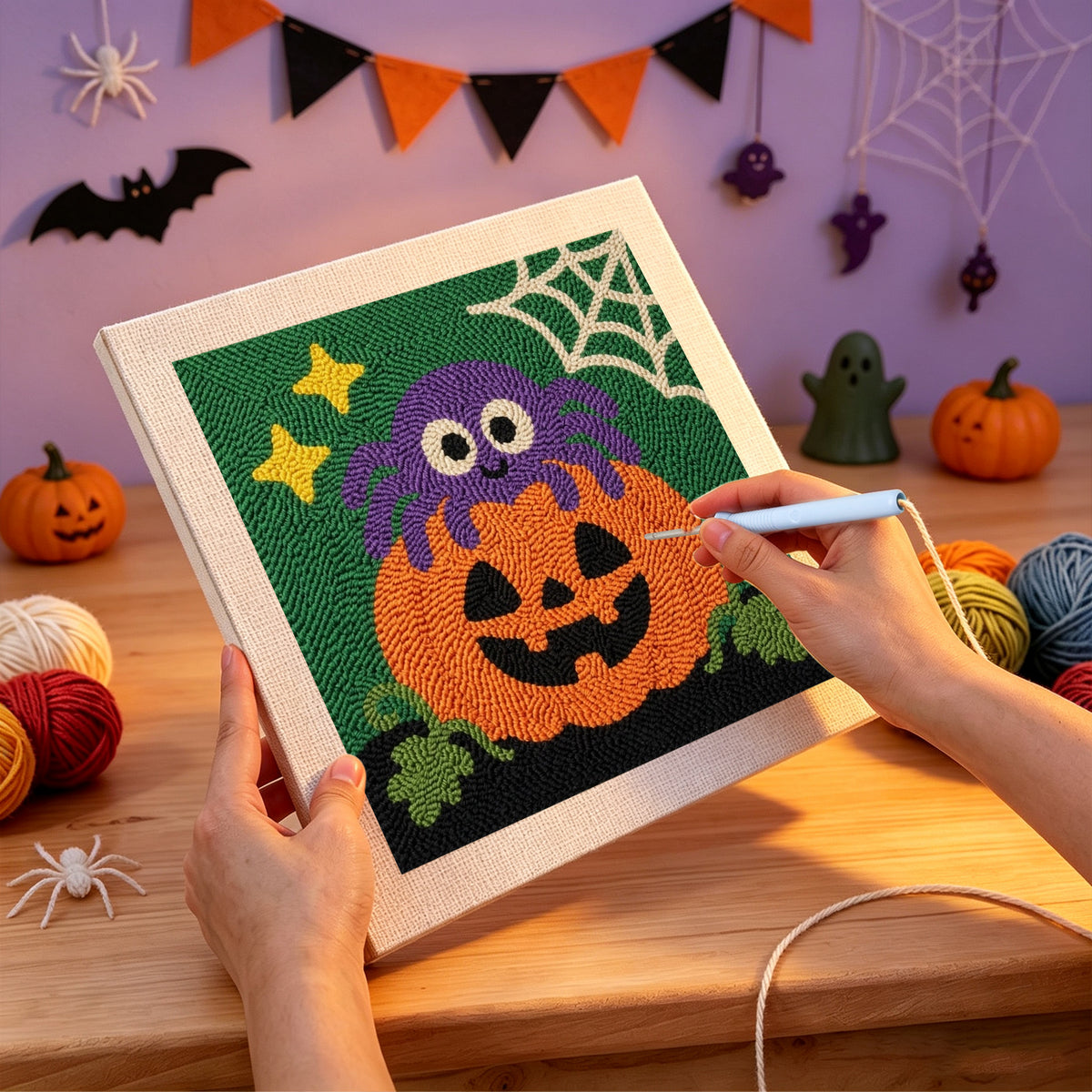 Punching the Spider on a Pumpkin design with the punch needle