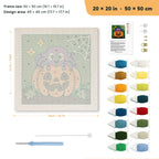 Spider on a Pumpkin punch needle kit, 20 × 20 in (50 × 50 cm): canvas size and kit contents