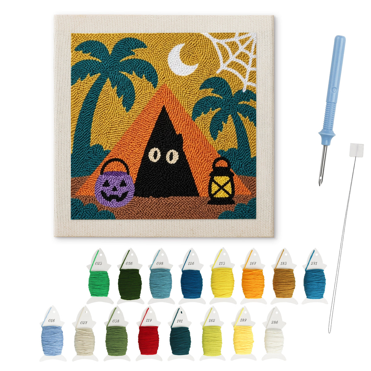 Spooky Beach Tent punch needle kit: finished canvas with threads, punch needle and threader