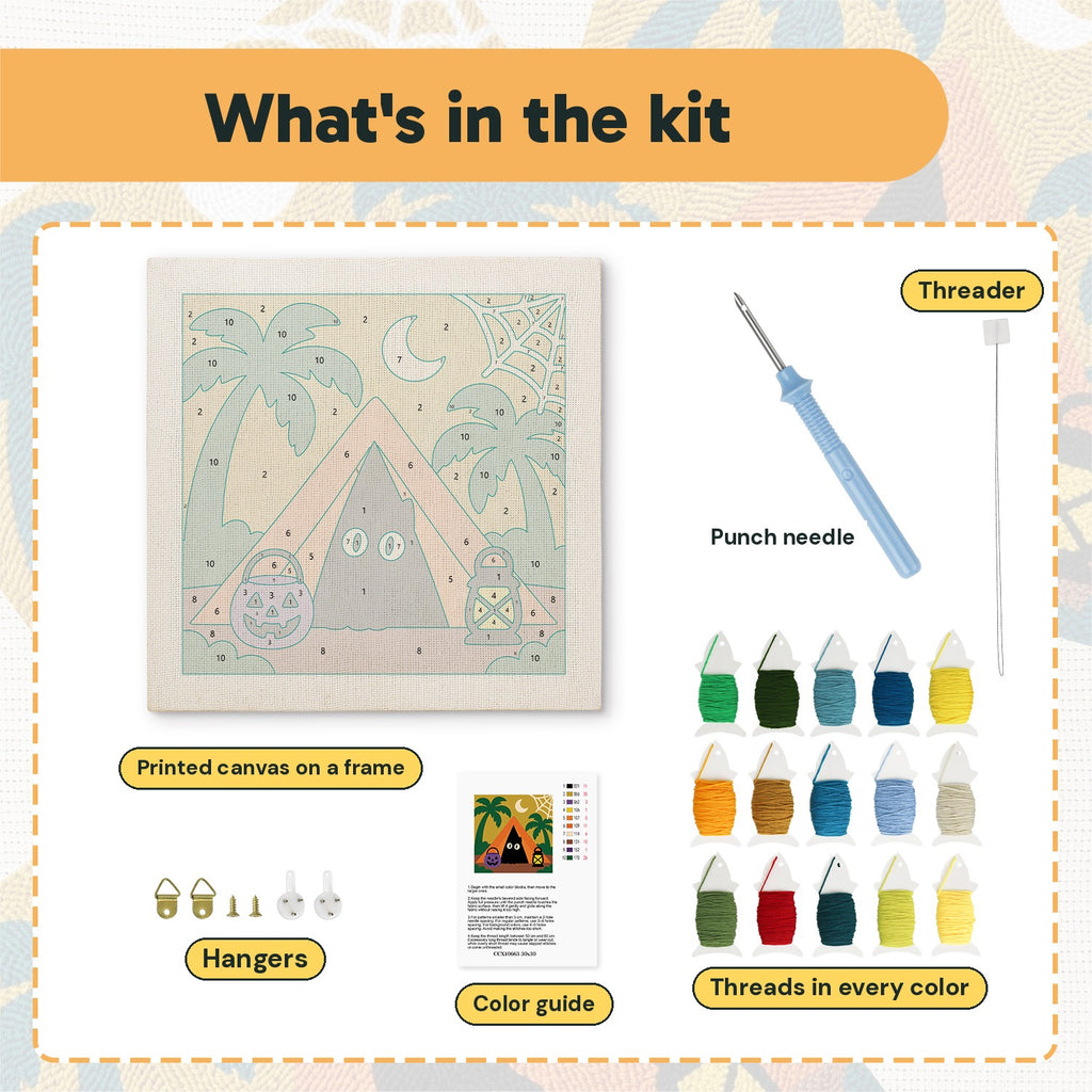 What is in the Spooky Beach Tent kit: printed canvas, punch needle, threader, threads, color guide and hangers