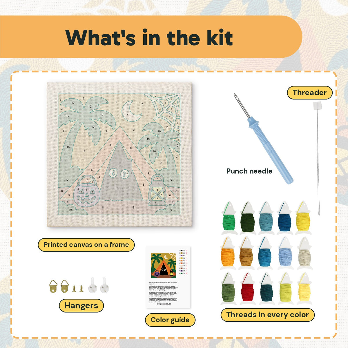 What is in the Spooky Beach Tent kit: printed canvas, punch needle, threader, threads, color guide and hangers