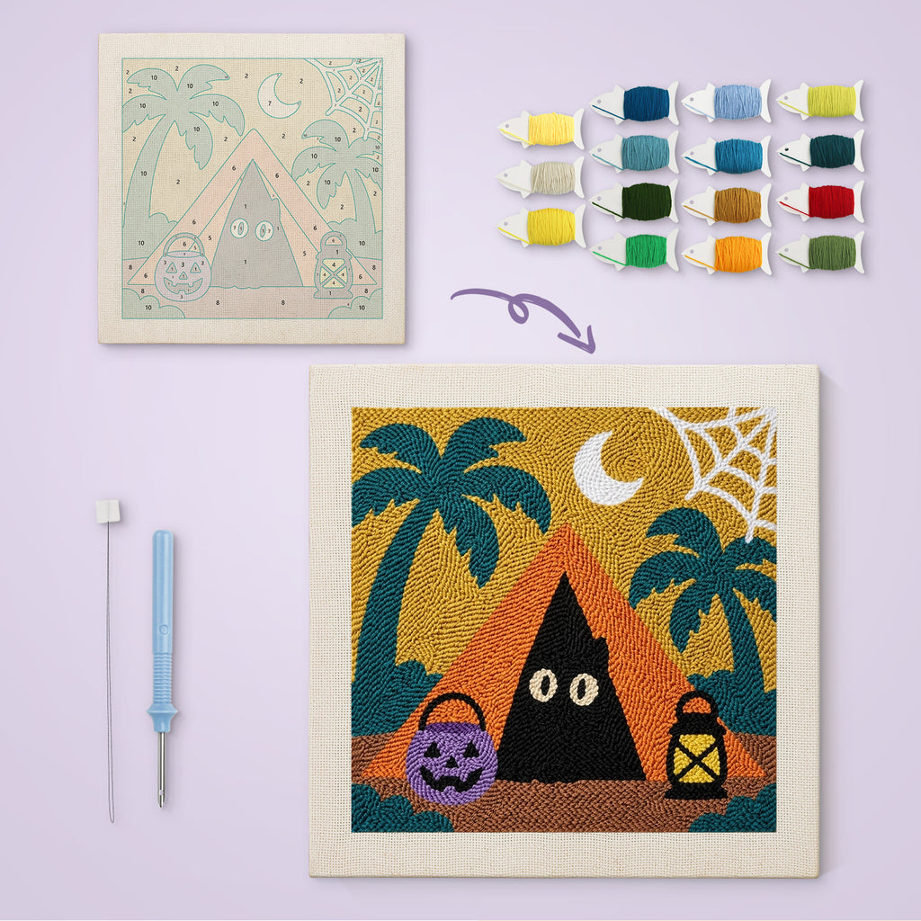 Spooky Beach Tent canvas before and after punching, with the threads and tools