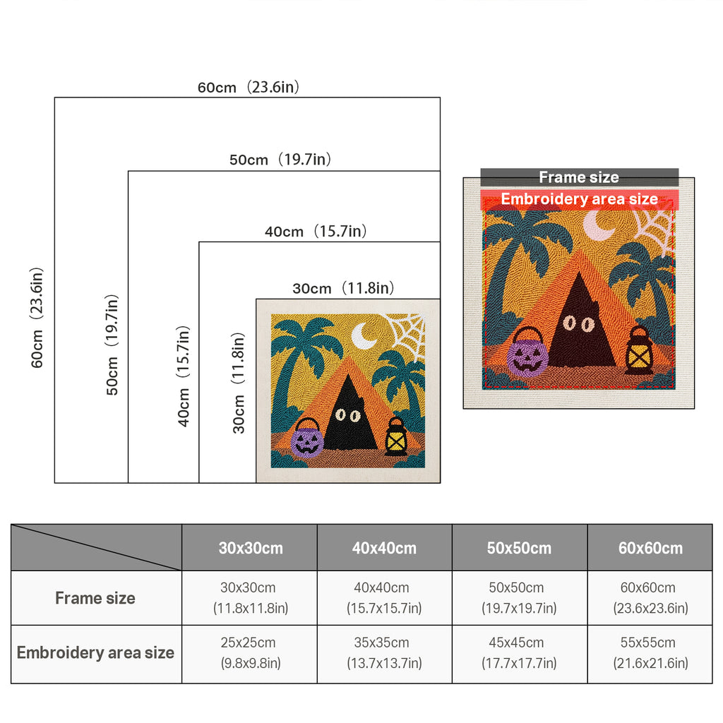 Size chart for square punch needle kits from 30 x 30 cm to 60 x 60 cm