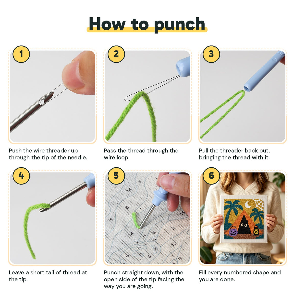 Six steps showing how to thread and use the punch needle