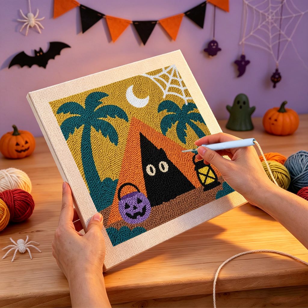 Punching the Spooky Beach Tent design with the punch needle