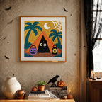 Finished Spooky Beach Tent punch needle canvas on a wall