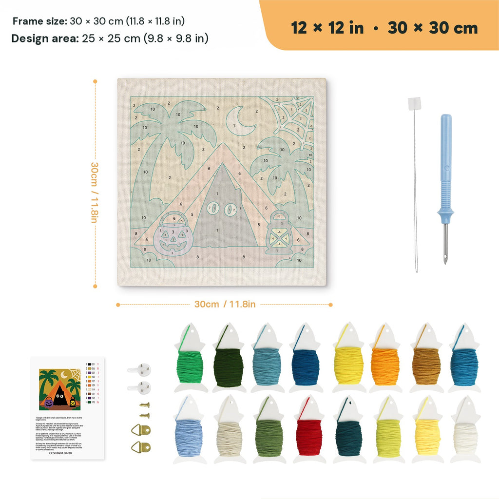 Spooky Beach Tent punch needle kit, 12 × 12 in (30 × 30 cm): canvas size and kit contents