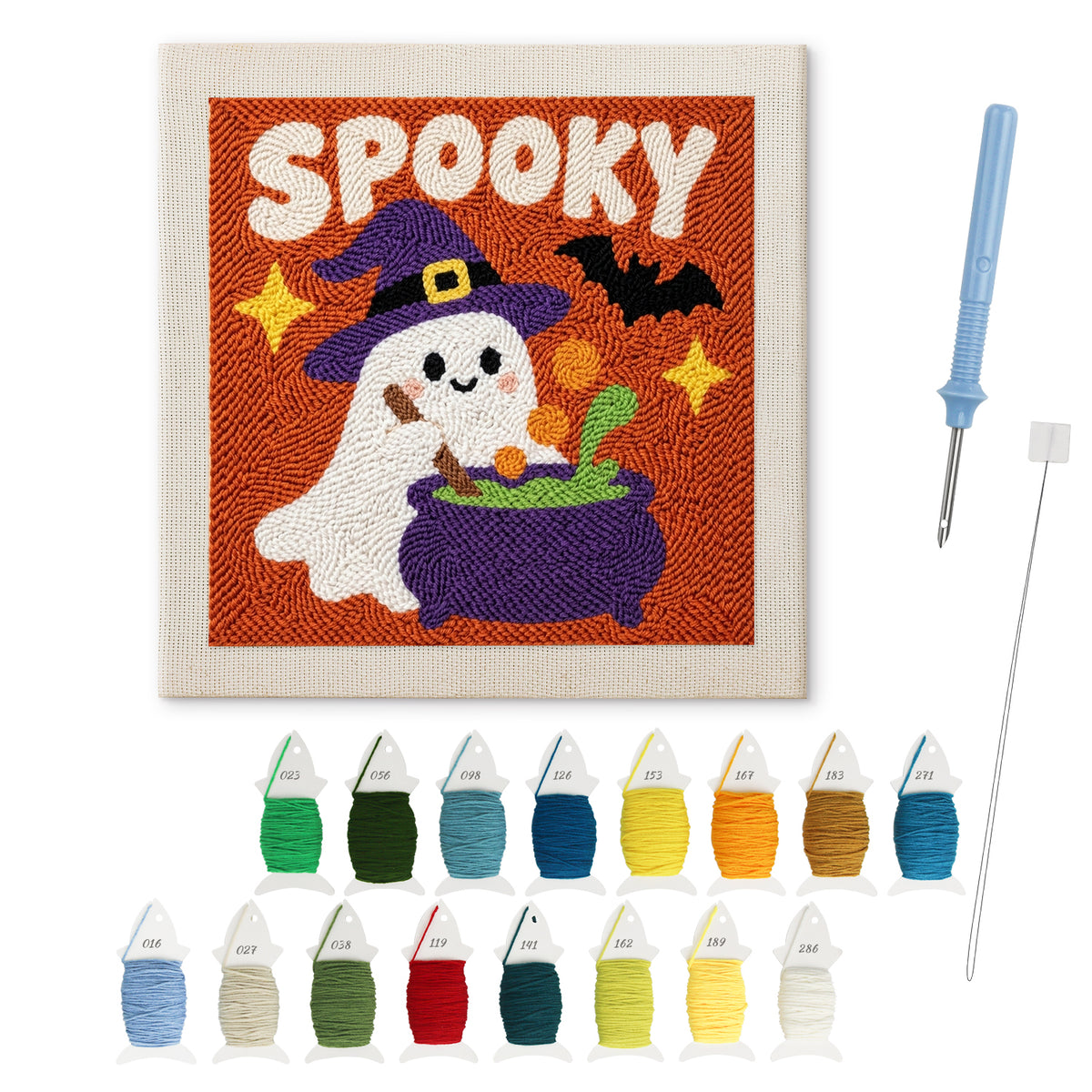 Spooky Brew Ghost punch needle kit: finished canvas with threads, punch needle and threader