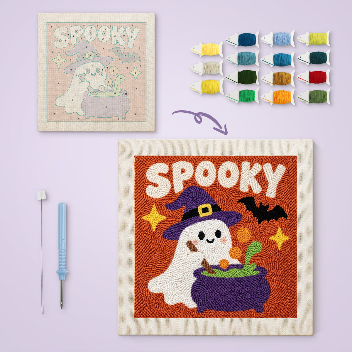 Spooky Brew Ghost canvas before and after punching, with the threads and tools