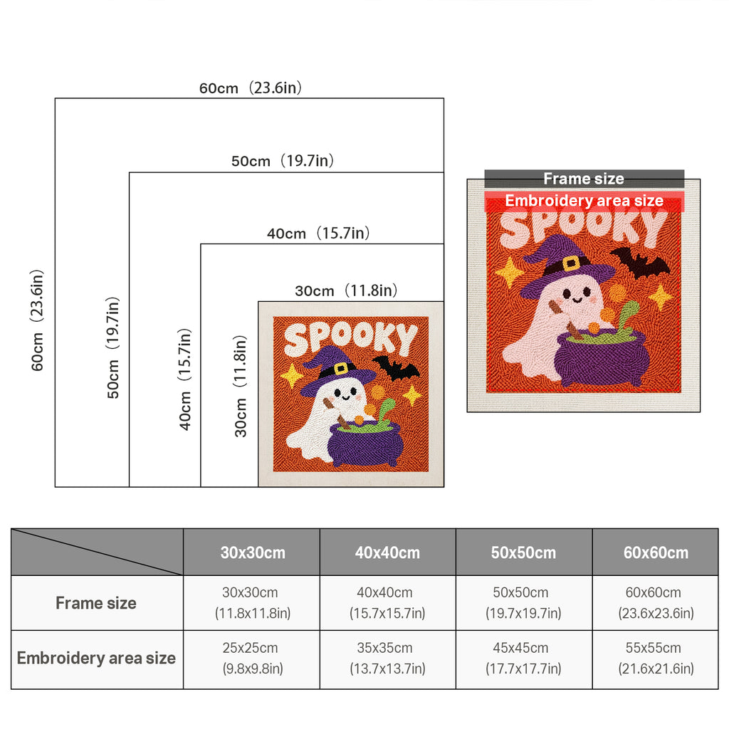 Size chart for square punch needle kits from 30 x 30 cm to 60 x 60 cm