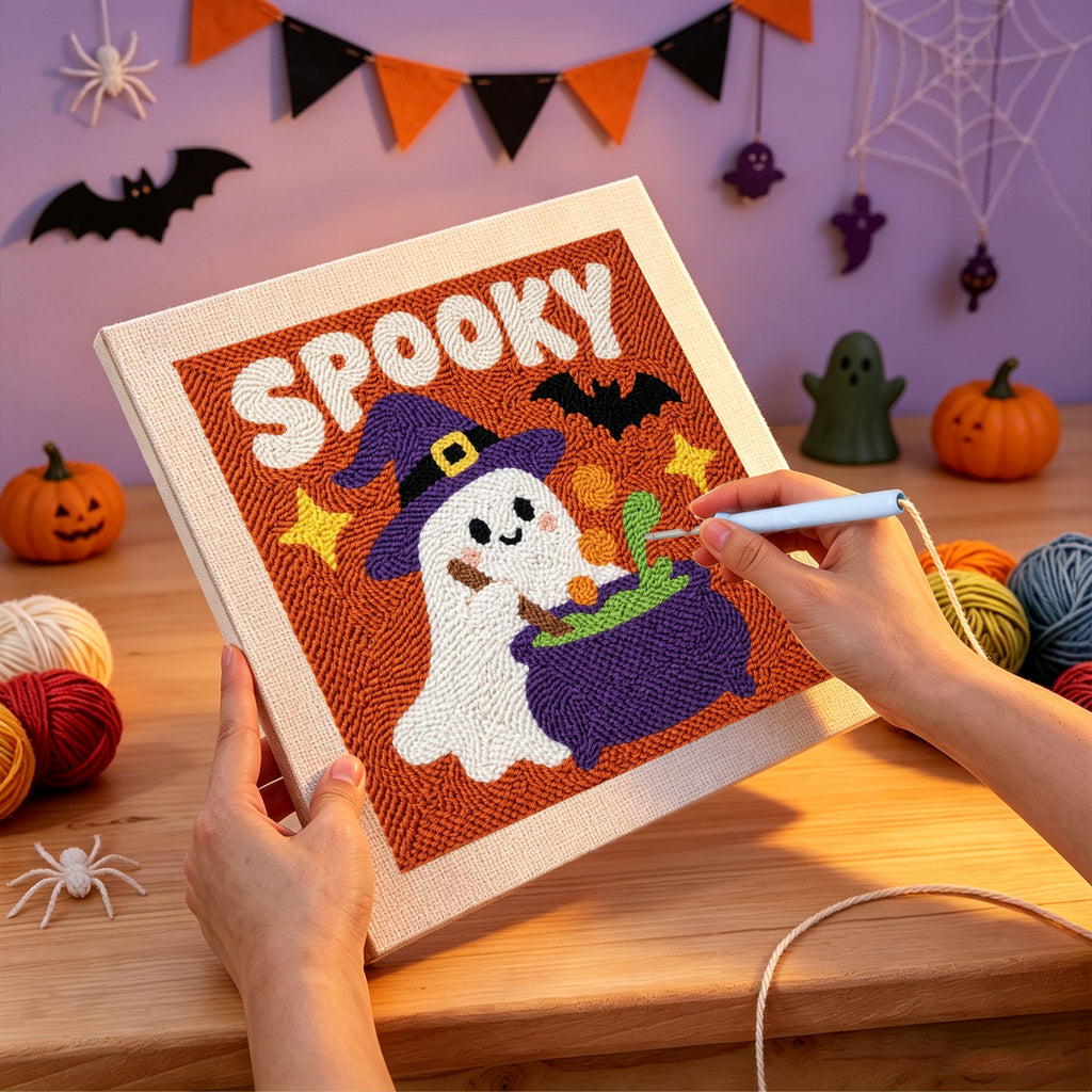 Punching the Spooky Brew Ghost design with the punch needle