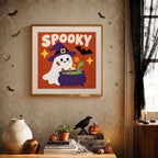 Finished Spooky Brew Ghost punch needle canvas on a wall