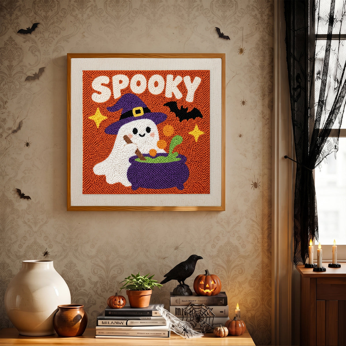 Finished Spooky Brew Ghost punch needle canvas on a wall