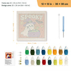 Spooky Brew Ghost punch needle kit, 12 × 12 in (30 × 30 cm): canvas size and kit contents