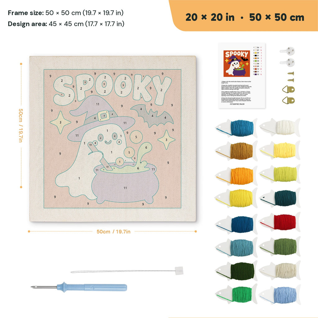 Spooky Brew Ghost punch needle kit, 20 × 20 in (50 × 50 cm): canvas size and kit contents