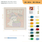 Spooky Brew Ghost punch needle kit, 20 × 20 in (50 × 50 cm): canvas size and kit contents